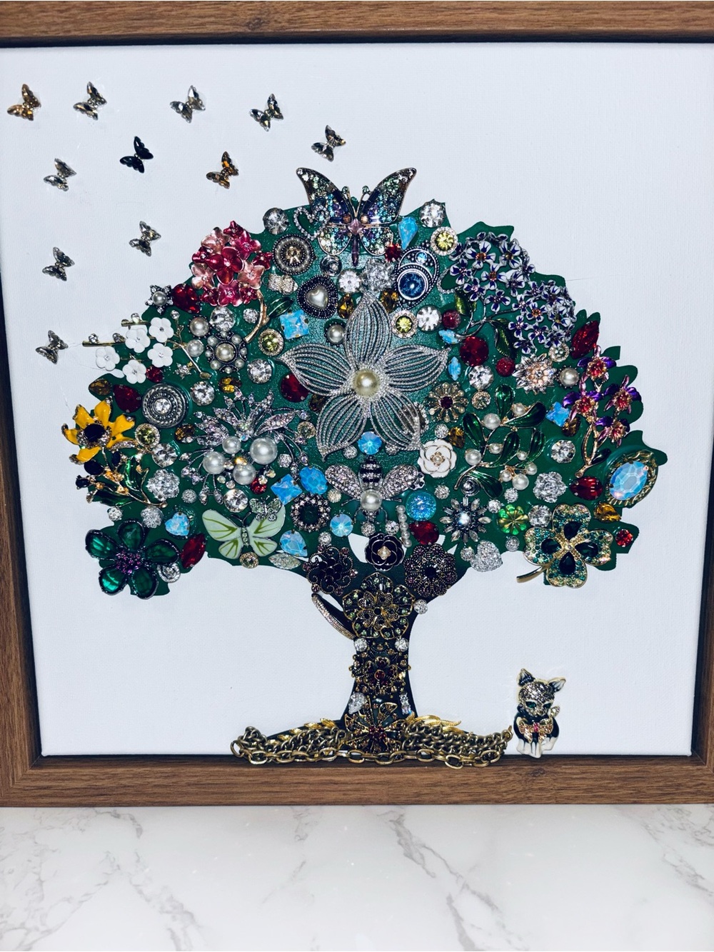 Handcrafted Green and Multicolor Tree Wall Art  made with vintage/new jewelry